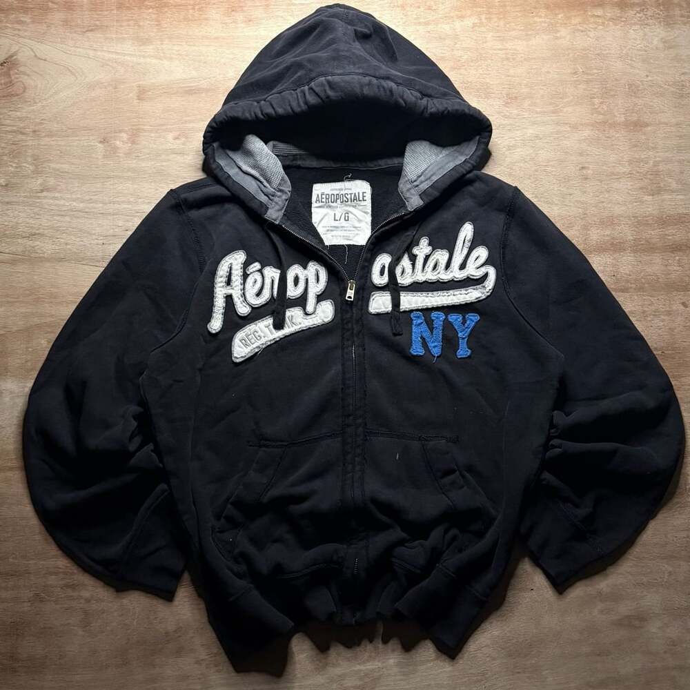 Vintage Aeropostale Full Zip Hoodie Size L Black Graphic Applique Y2K